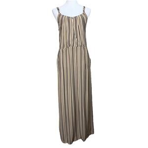 Soft Surroundings Maxi Dress S Tan Black Striped Spaghetti Straps Pockets Resort